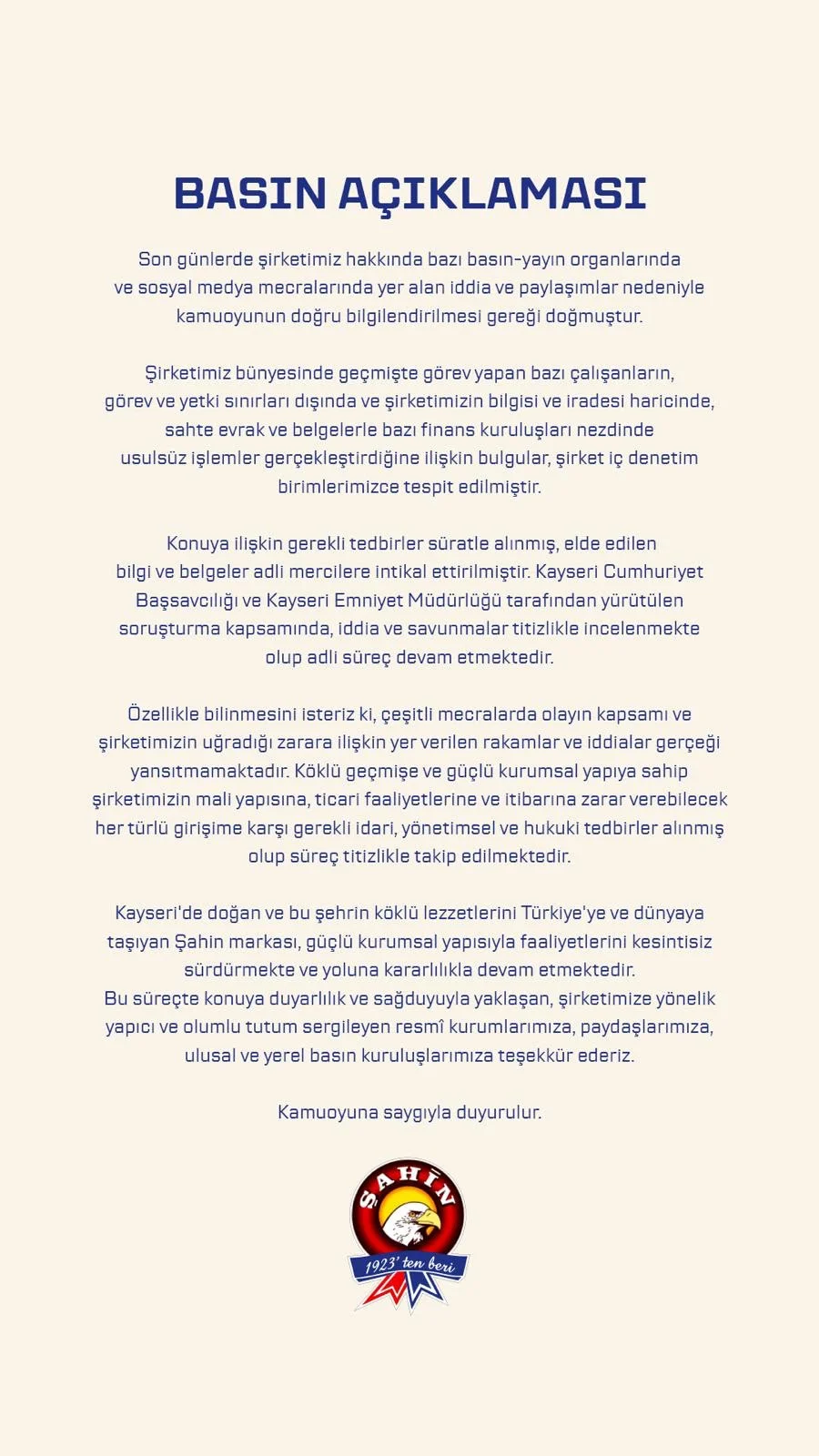 Şahin Sucukları’ndan iddialara ilişkin açıklama